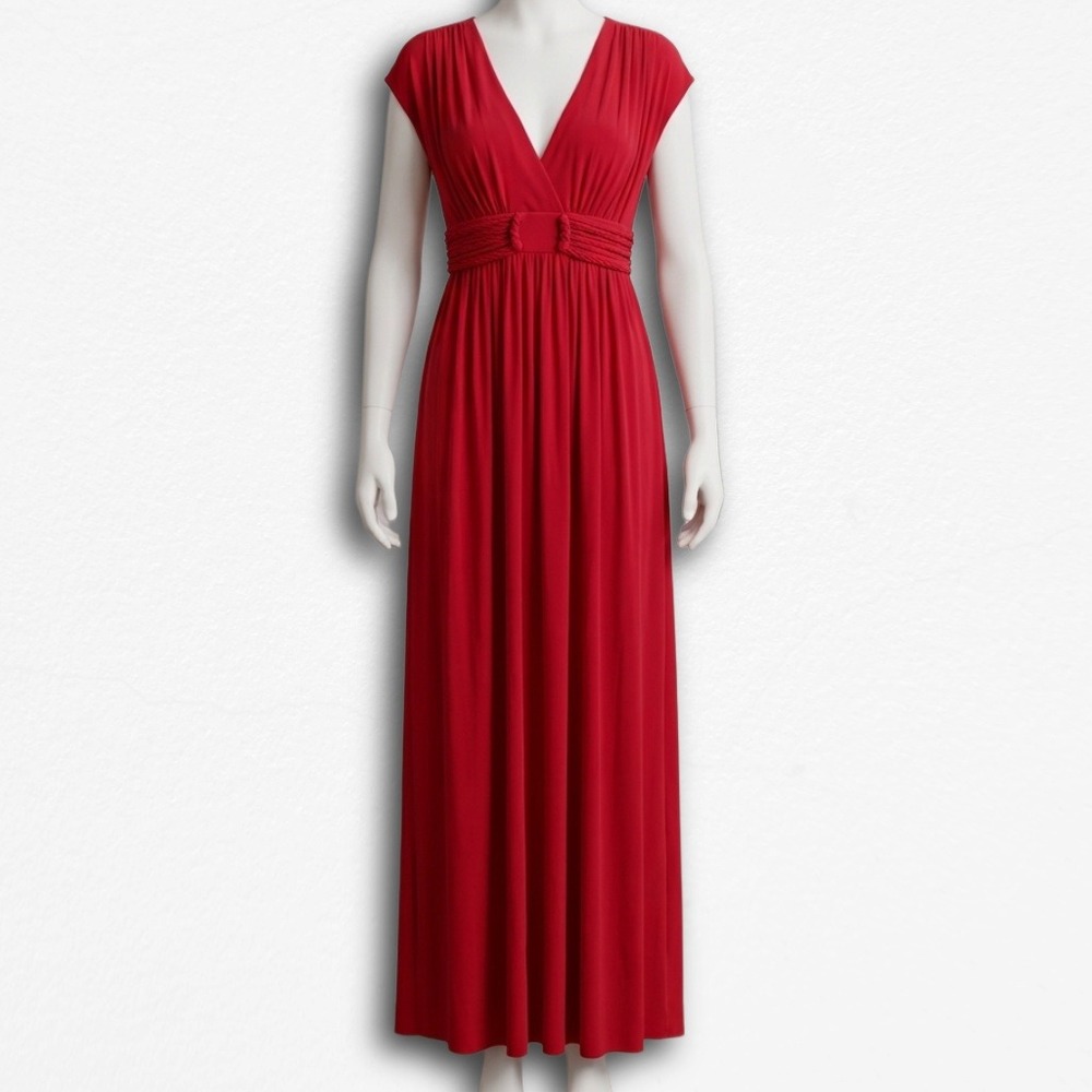Vintage Olivia Matthews Red‎ Maxi Dress V-Neck Empire Waist Ruched Evening Gown